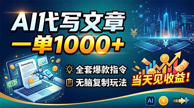 AI代写文章，一单1000+，全套爆款指令+无脑复制玩法，当天见收益！-独家科技资源网