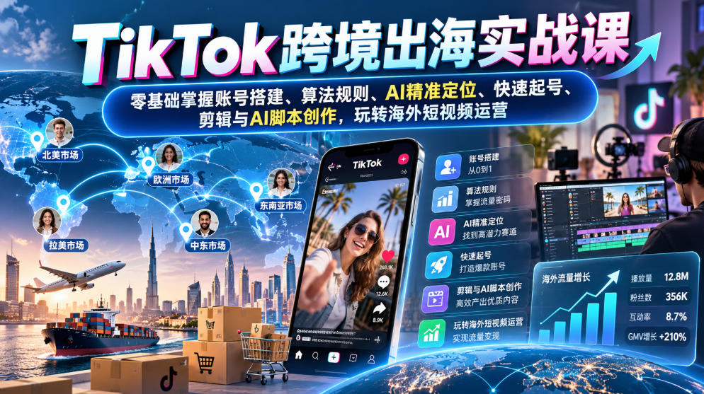 TikTok跨境出海实战课：零基础掌握账号搭建、算法规则、AI精准定位、快速起号、剪辑与AI脚本创作，玩转海外短视频运营-独家科技资源网