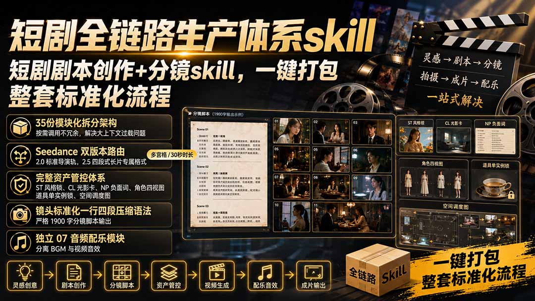 短剧全链路生产体系skill，短剧剧本创作+分镜skill，一键打包，整套标准化流程-独家科技资源网