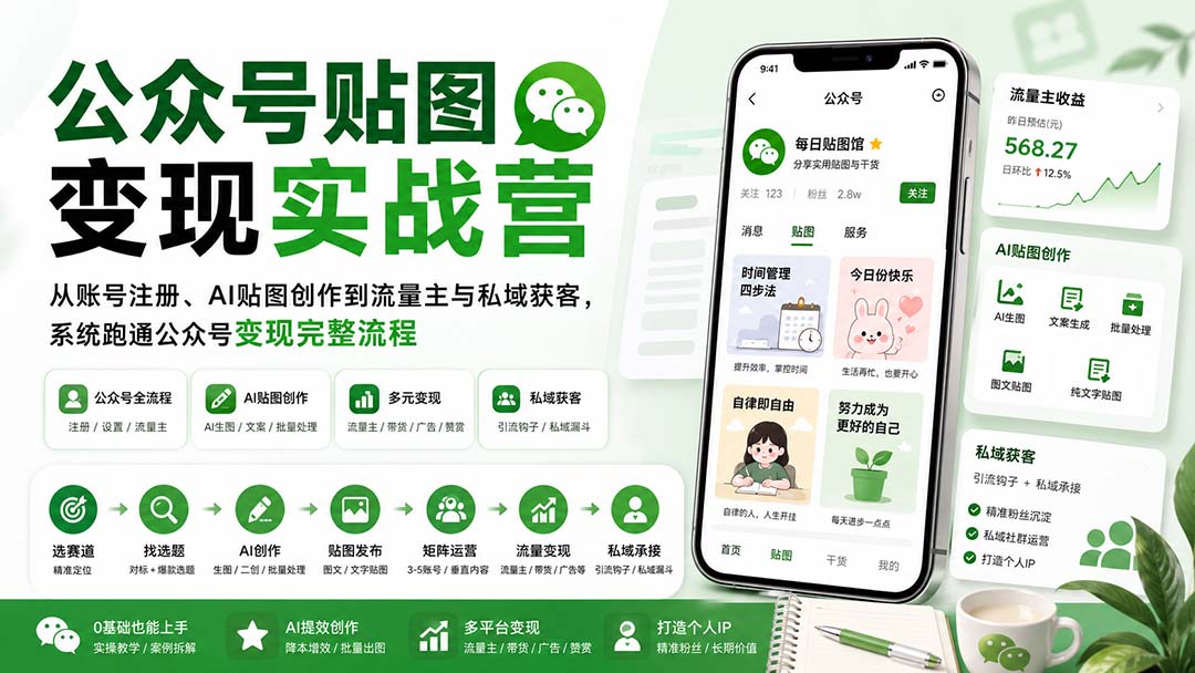 公众号贴图变现实战营：从账号注册、AI贴图创作到流量主与私域获客，系统跑通公众号变现完整流程-独家科技资源网
