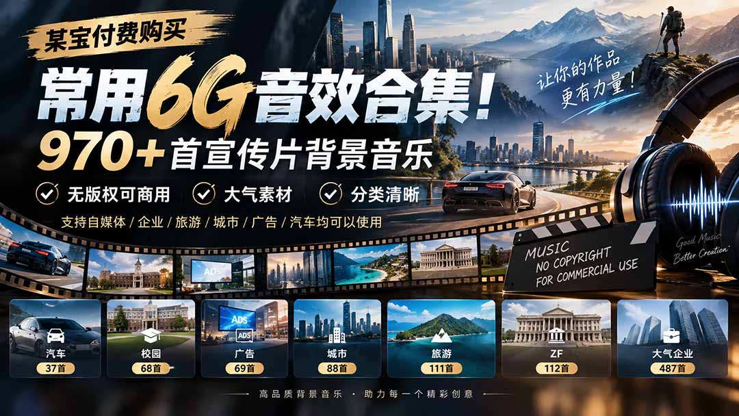 某宝付费购买,常用6G音效合集!970+首宣传片背景音乐,无版权可商用大气素材,分类清晰-独家科技资源网