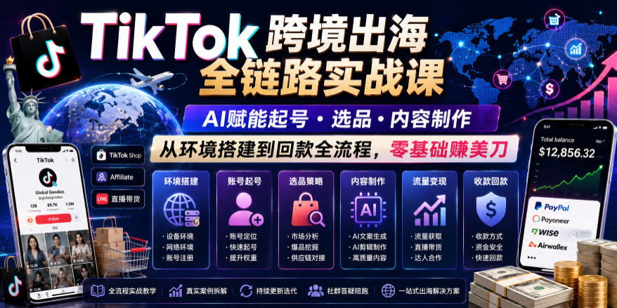 TikTok跨境出海全链路实战课，AI赋能起号・选品・内容制作，从环境搭建到回款全流程，零基础賺美刀-独家科技资源网
