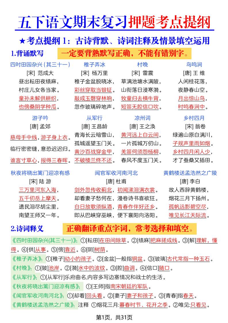 26春五年级下语文期末复习押题考点提纲-独家科技资源网