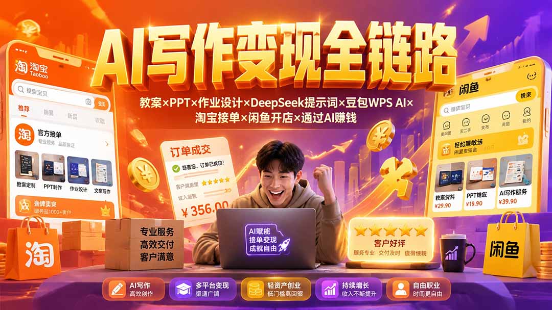 2026AI写作变现全链路:教案×PPT×作业设计×DeepSeek提示词×豆包WPS AI×淘宝接单×闲鱼开店×通过AI賺钱-独家科技资源网