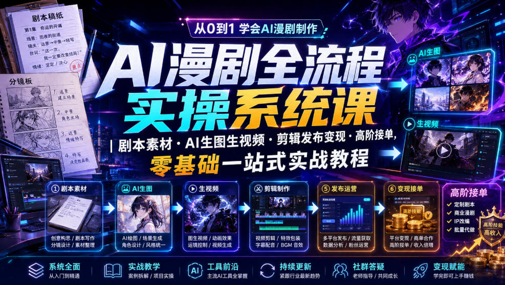 AI漫剧全流程实操系统课｜剧本素材・AI生图生视频・剪辑发布变现・高阶接单，零基础一站式实战教程(更新1027)-独家科技资源网