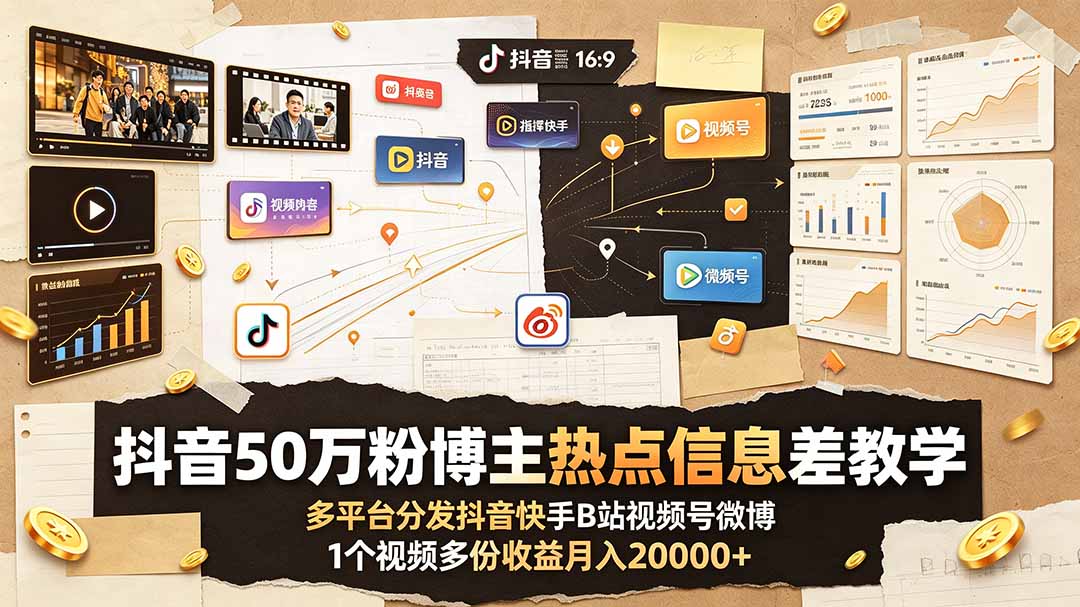 抖音50万粉博主热点信息差教学:多平台分发抖音快手B站视频号微博,1个视频多份收益月入20000+-独家科技资源网