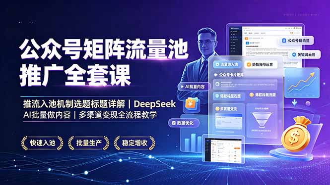 公众号矩阵流量池推广全套课，推流入池机制选题标题详解，DeepSeek AI批量做内容，多渠道变现全流程教学-独家科技资源网