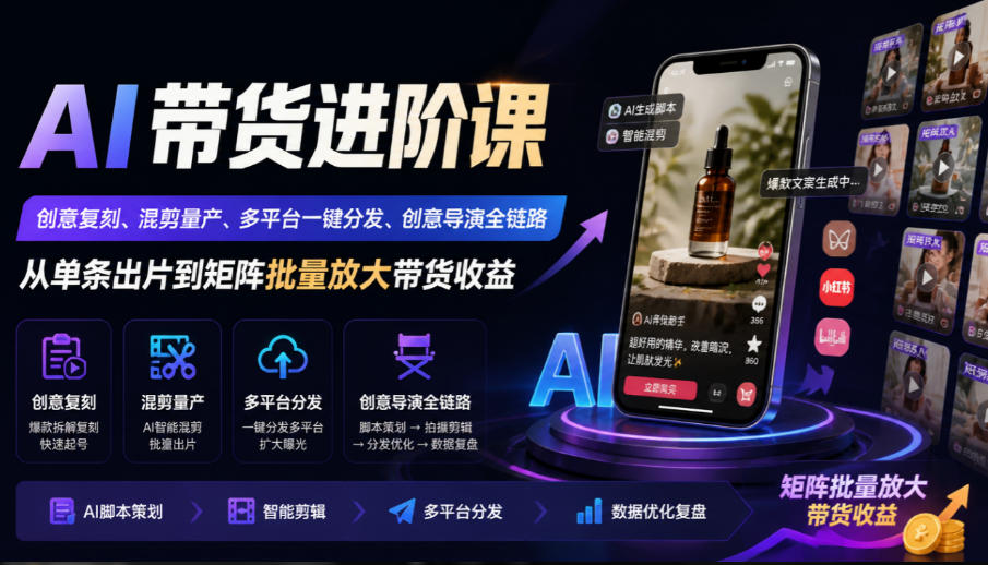 AI带货进阶课｜创意复刻、混剪量产、多平台一键分发、创意导演全链路，从单条出片到矩阵批量放大带货收益-独家科技资源网