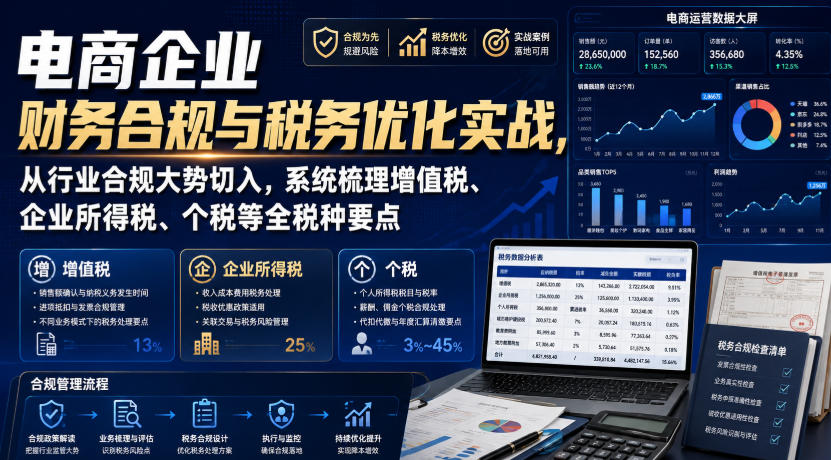 电商企业财务合规与税务优化实战，从行业合规大势切入，系统梳理增值税、企业所得税、个税等全税种要点-独家科技资源网