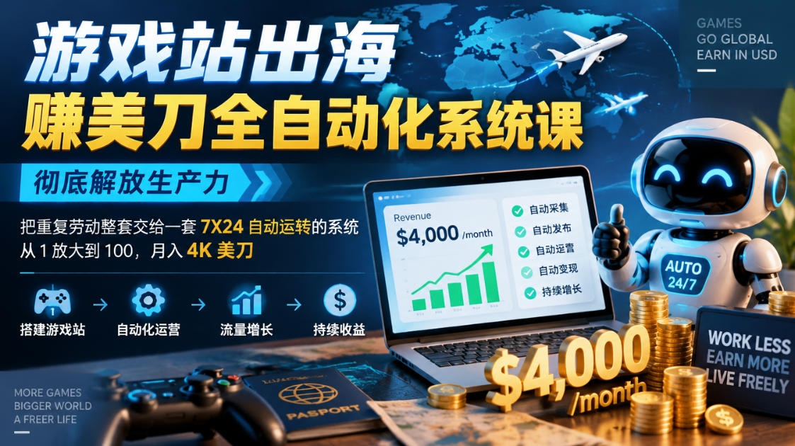 游戏站出海賺美刀全自动化系统课，彻底解放生产力--把重复劳动整套交给一套7X24自动运转的系统，从1放大到100，月入4K美刀-独家科技资源网