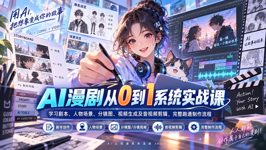 AI漫剧从0到1系统实战课：学习剧本、人物场景、分镜图、视频生成及音视频剪辑，完整跑通制作流程-独家科技资源网