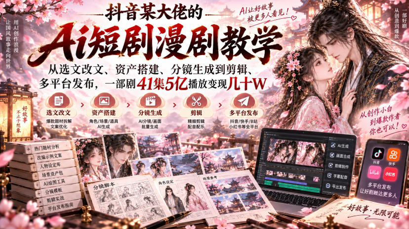 抖音某大佬的Ai短剧漫剧教学,从选文改文、资产搭建、分镜生成到剪辑、多平台发布,一部剧41集5亿播放变现几十W-独家科技资源网