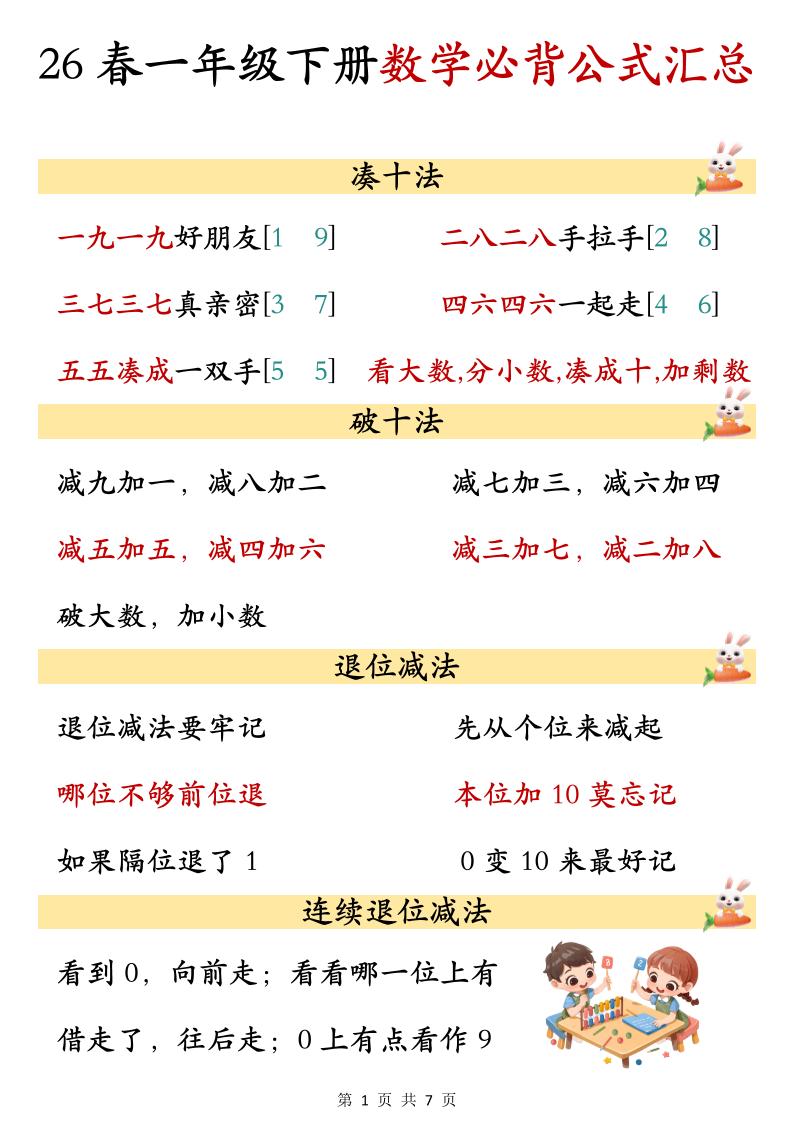 26春一年级下数学期末必背公式汇总-独家科技资源网