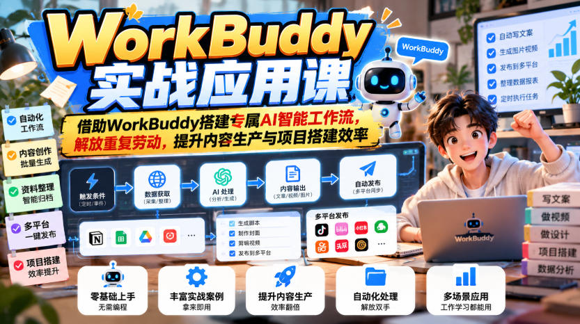 WorkBuddy实战应用课,借助WorkBuddy搭建专属AI智能工作流,解放重复劳动,提升内容生产与项目搭建效率-独家科技资源网