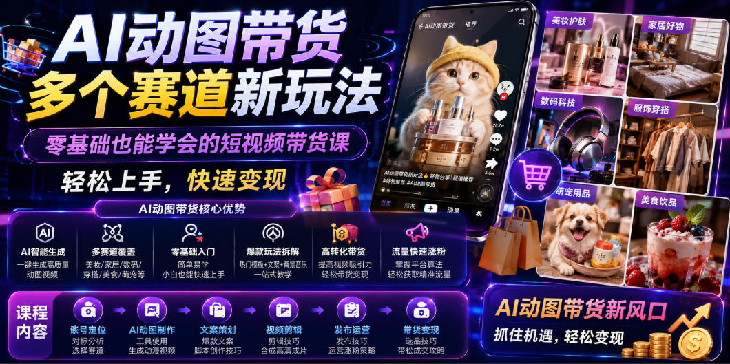 AI动图带货多个赛道新玩法，零基础也能学会的短视频带货课，轻松上手，快速变现-独家科技资源网