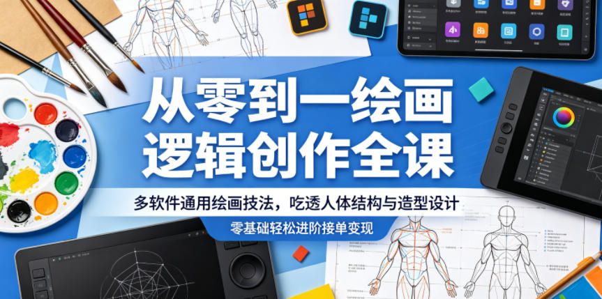 从零到一绘画逻辑创作全课，多软件通用绘画技法，吃透人体结构与造型设计，零基础轻松进阶接单变现-独家科技资源网