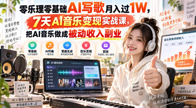 零乐理零基础AI写歌月入过1W,7天AI音乐变现实战课,把AI音乐做成被动收入副业-独家科技资源网