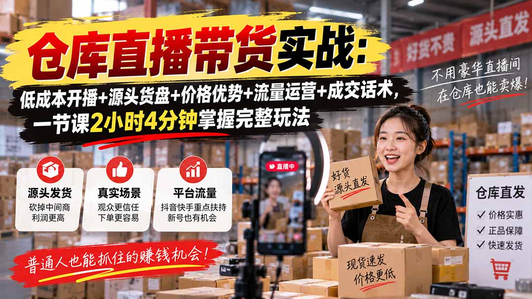 仓库直播带货实战：低成本开播+源头货盘+价格优势+流量运营+成交话术，一节课2小时4分钟掌握完整玩法-独家科技资源网