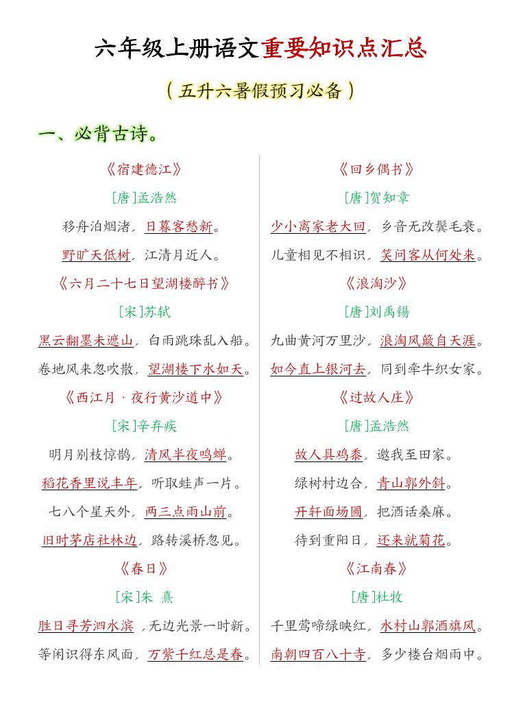 六年级上语文重要知识点汇总-独家科技资源网