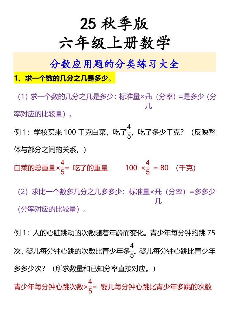 【2025秋新版】六年级上册数学分数应用题的分类练习大全-独家科技资源网