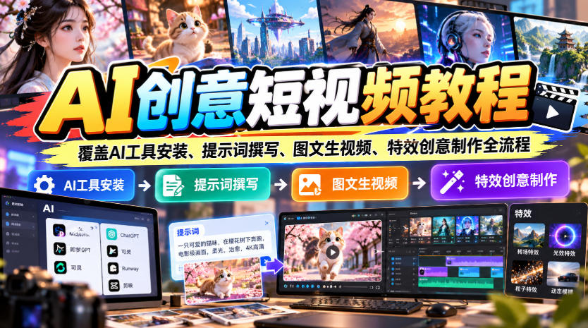 AI创意短视频教程，覆盖AI工具安装、提示词撰写、图文生视频、特效创意制作全流程-独家科技资源网