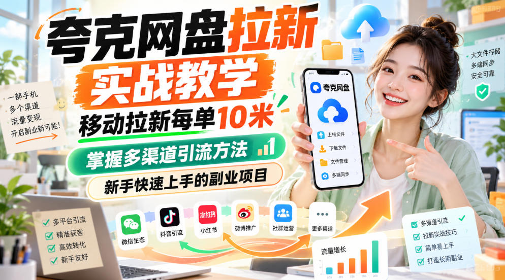夸克网盘拉新实战教学,移动拉新每单10米,掌握多渠道引流方法,新手快速上手的副业项目(更新1023)-独家科技资源网
