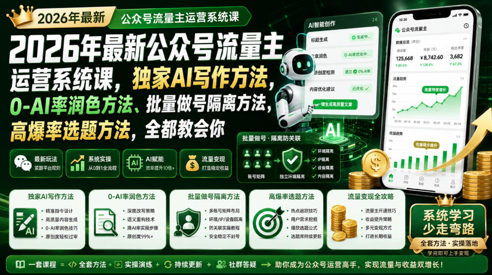 2026年最新公众号流量主运营系统课，独家AI写作方法，0-AI率润色方法、批量做号隔离方法、高爆率选题方法，全都教会你(更新1009)-独家科技资源网