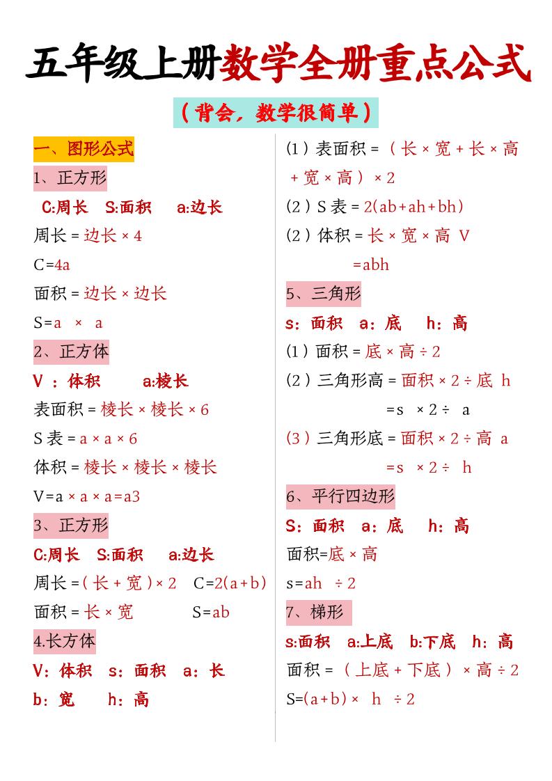 五上数学【全册重点公式】-独家科技资源网