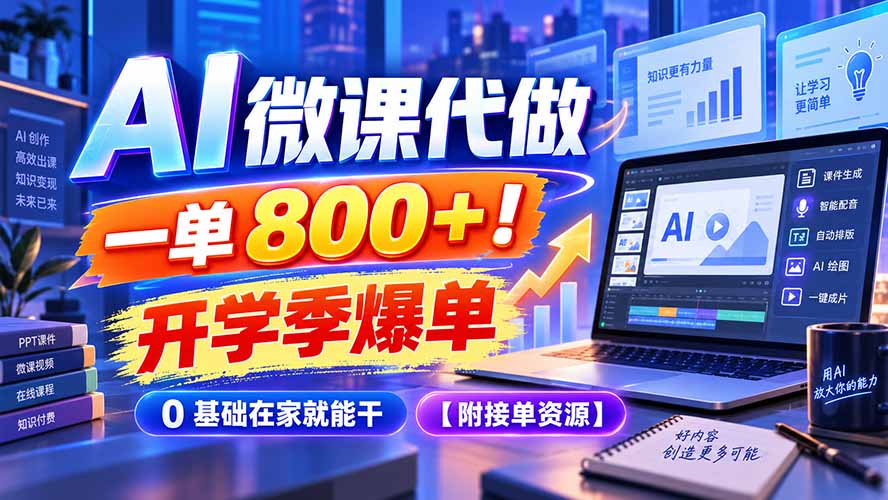AI 微课代做,一单 800+!开学季爆单,0 基础在家就能干【附接单资源】-独家科技资源网