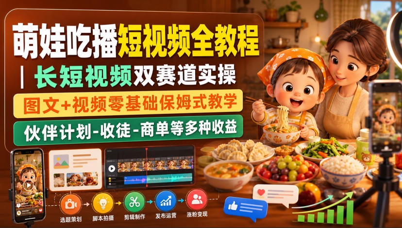 萌娃吃播短视频全教程｜长短视频双赛道实操，图文+视频零基础保姆式教学，伙伴计划-收徒-商单等多种变现方式-独家科技资源网