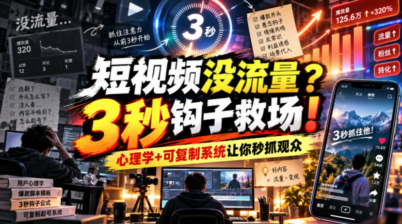 【无水印】短视频没流量?3秒钩子救场!心理学+可复制系统让你秒抓观众【原创双语字幕】-独家科技资源网