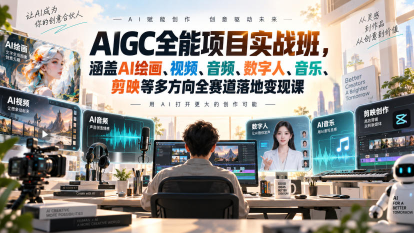 AIGC全能项目实战班,涵盖AI绘画、视频、音频、数字人、音乐、剪映等多方向全赛道落地变现课-独家科技资源网