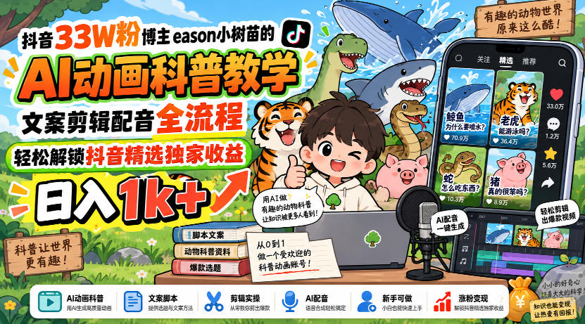 抖音33W粉博主eason小树苗的AI动画科普教学，文案剪辑配音全流程，轻松解锁抖音精选独家收益，日入1k+-独家科技资源网