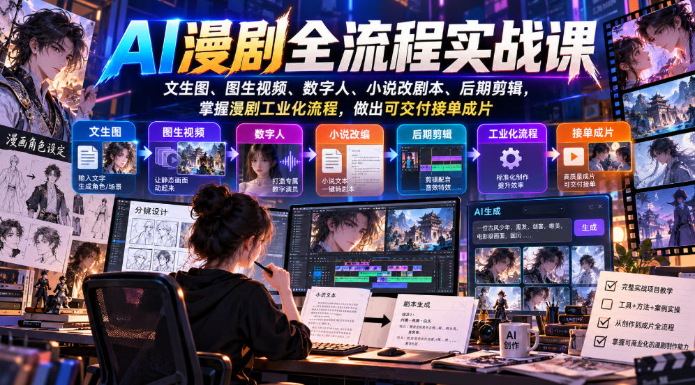 AI漫剧全流程实战课,文生图、图生视频、数字人、小说改剧本、后期剪辑,掌握漫剧工业化流程,做出可交付接单成片-独家科技资源网