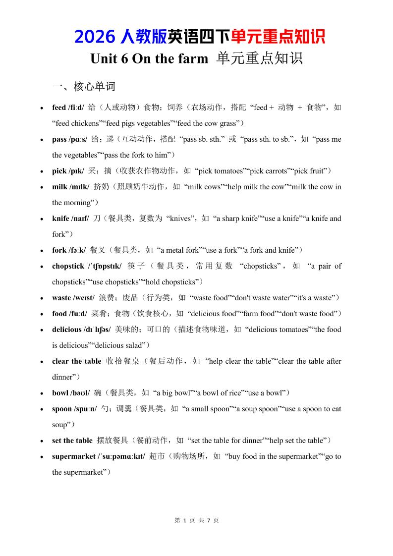 四年级下英语Unit6重点知识汇总《人教版PEP》-独家科技资源网