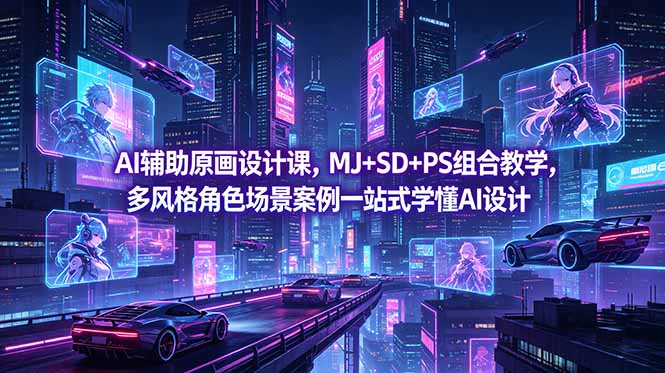 AI辅助原画设计课，MJ+SD+PS组合教学，多风格角色场景案例一站式学懂AI设计-独家科技资源网