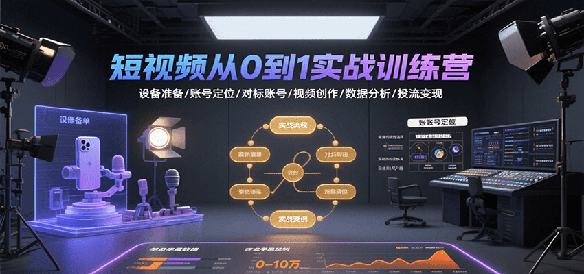 短视频从0到1实战训练营：设备准备/账号定位/对标账号/视频创作/数据分析/投流变现-独家科技资源网
