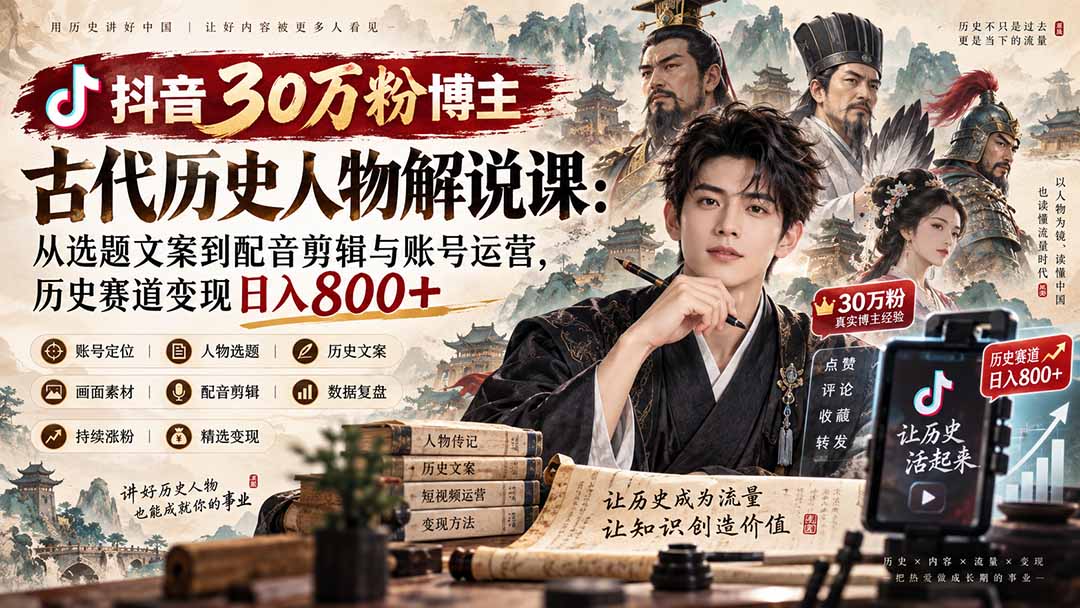 抖音30万粉博主古代历史人物解说课：从选题文案到配音剪辑与账号运营，历史赛道变现日入800+-独家科技资源网