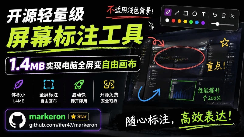 开源轻量级屏幕标注工具,1.4MB实现电脑全屏变自由画布!支持8种标注工具和全键盘操控MarkerOn-独家科技资源网