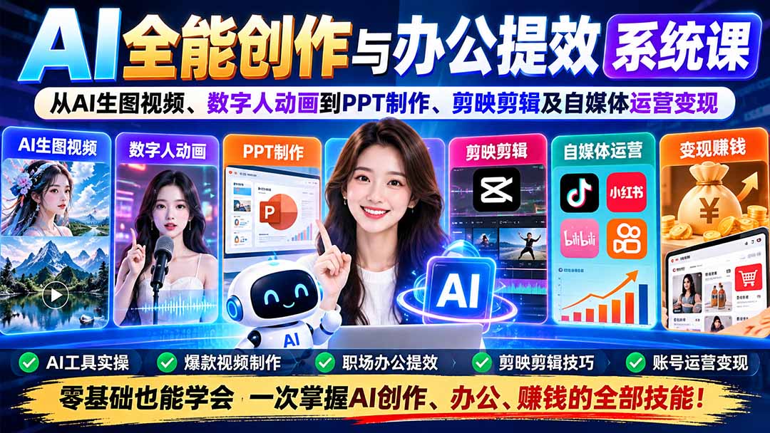 AI全能创作与办公提效系统课:从AI生图视频、数字人动画到PPT制作、剪映剪辑及自媒体运营变现-独家科技资源网