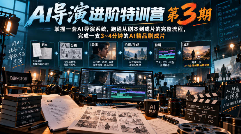 AI导演进阶特训营第3期,掌握一套AI导演系统,跑通从剧本到成片的完整流程,完成一支3~4分钟的AI精品剧成片(附1、2期)-独家科技资源网
