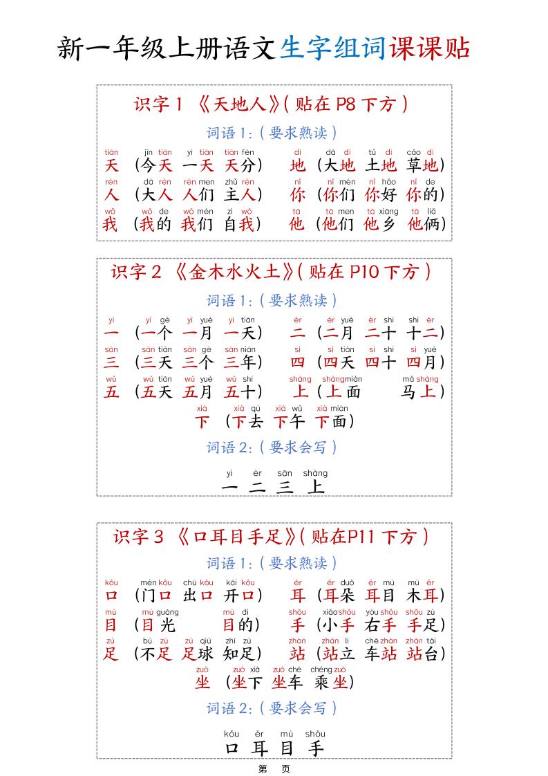 新一上语文生字组词课课贴15页-独家科技资源网