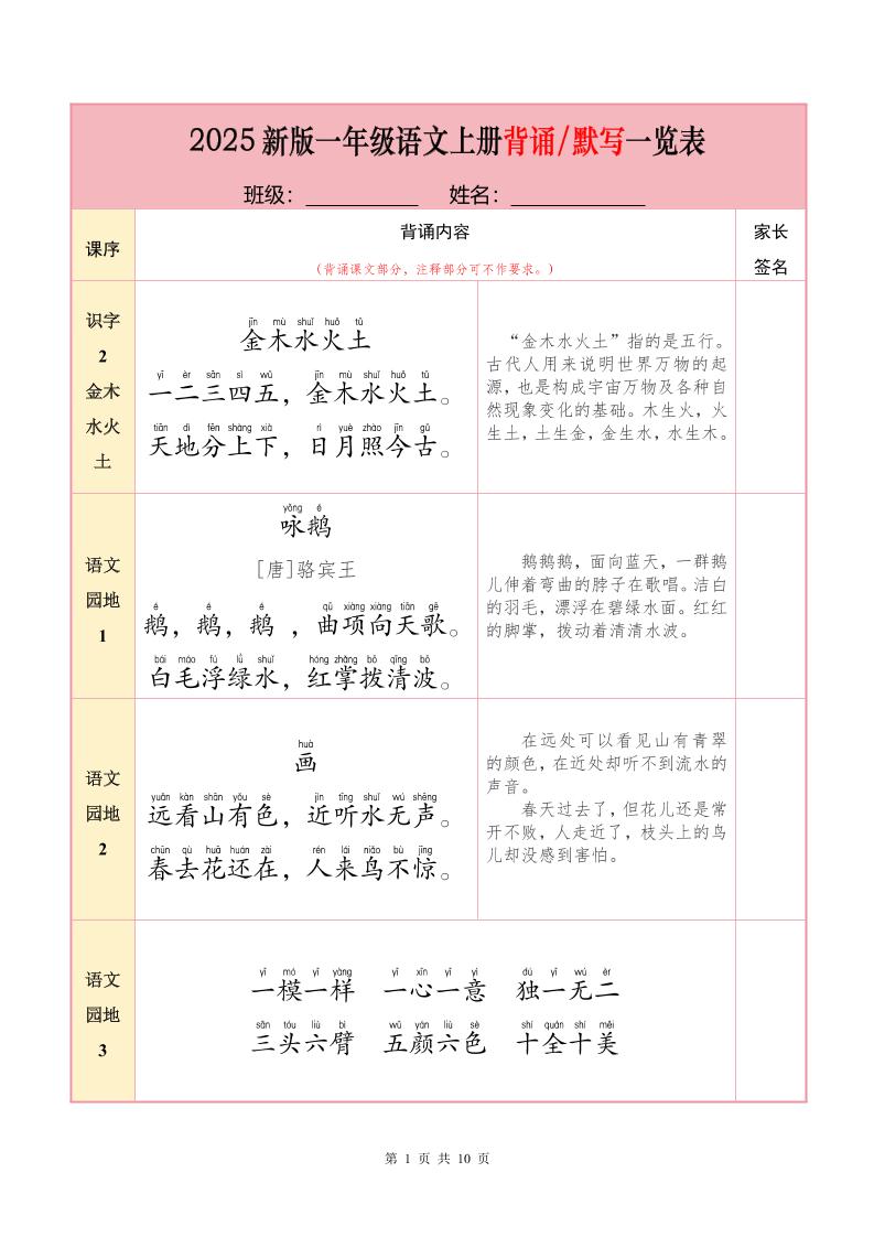 一上语文【25秋-必背内容+默写表】-独家科技资源网