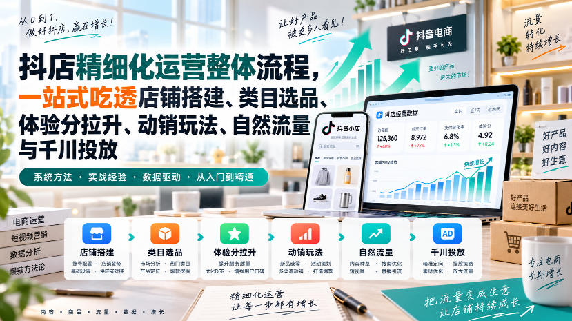 李哥电商-抖店精细化运营整体流程，一站式吃透店铺搭建、类目选品、体验分拉升、动销玩法、自然流量与千川投放-独家科技资源网
