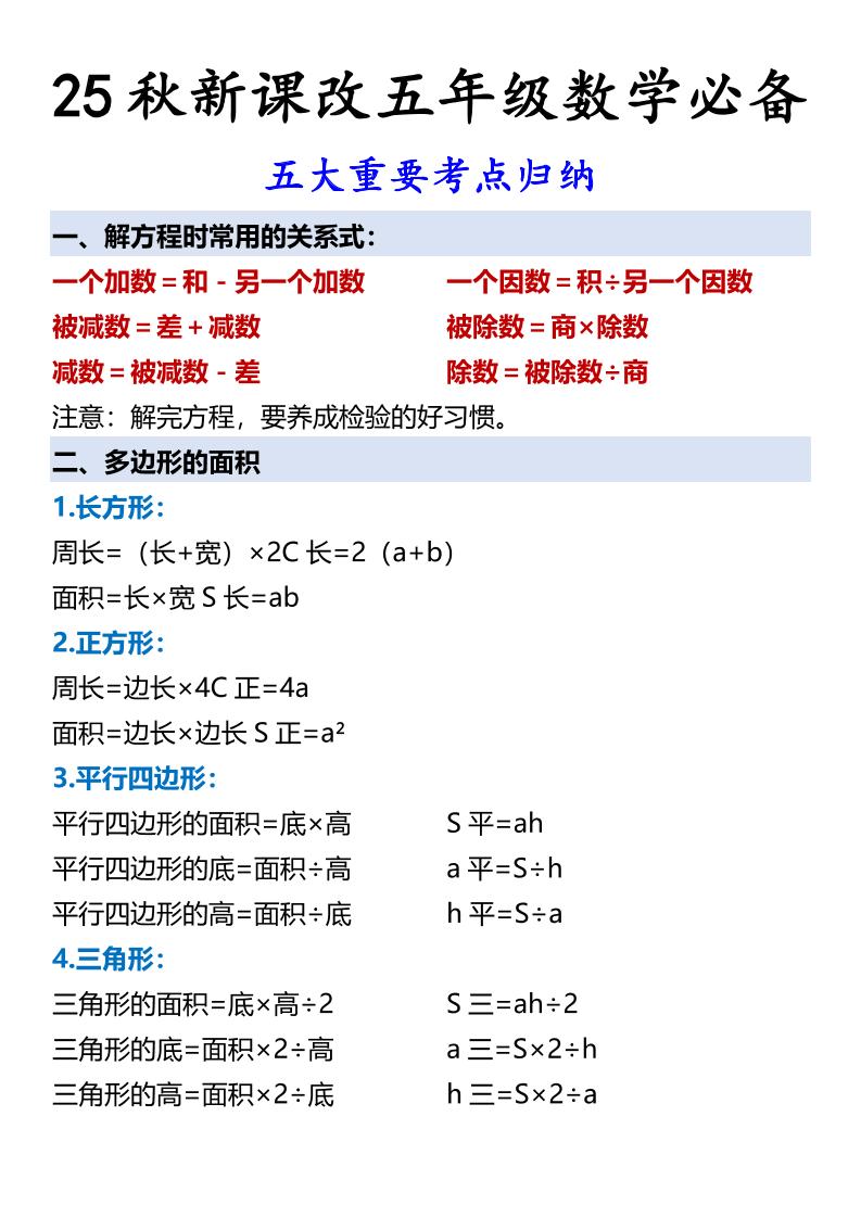 【2025秋新版】五年级数学必备五大重要考点归纳-五上数学-独家科技资源网