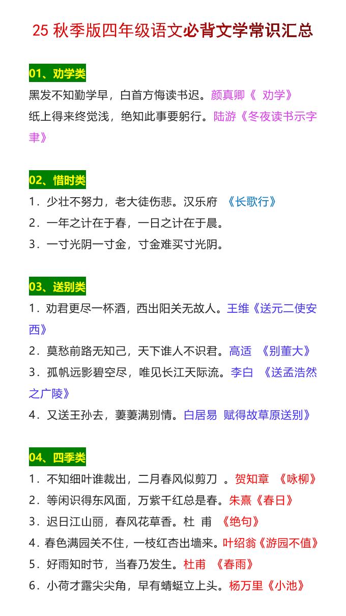 【2025秋新版】四年级语文上册必背文学常识汇总-独家科技资源网