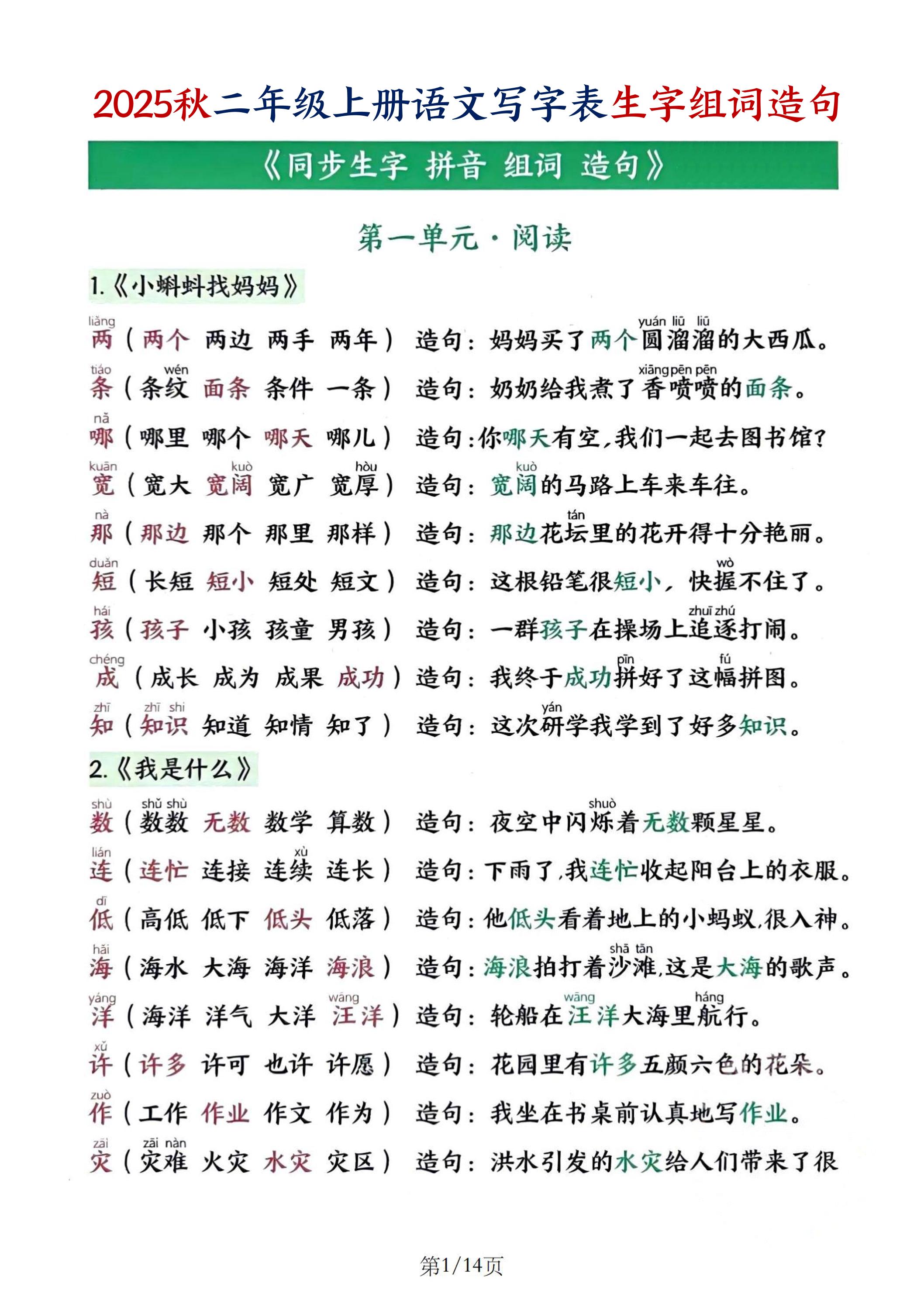 25秋二上语文写字表生字组词造句（14页）-独家科技资源网