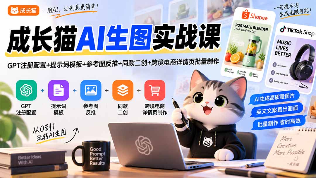成长猫AI生图实战课｜GPT注册配置+提示词模板+参考图反推+同款二创+跨境电商详情页批量制作-独家科技资源网