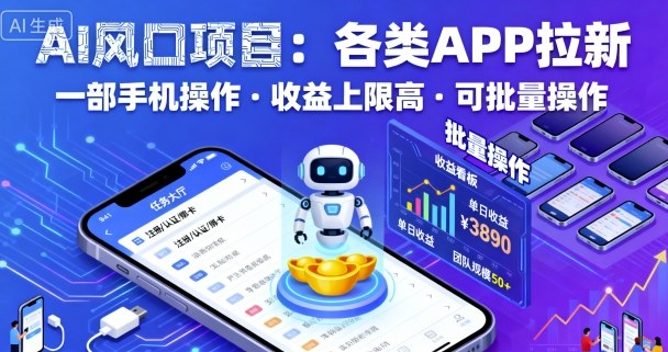 AI风口项目，各类APP拉新，一部手机就可以操作，收益上限高，可批量操作-独家科技资源网