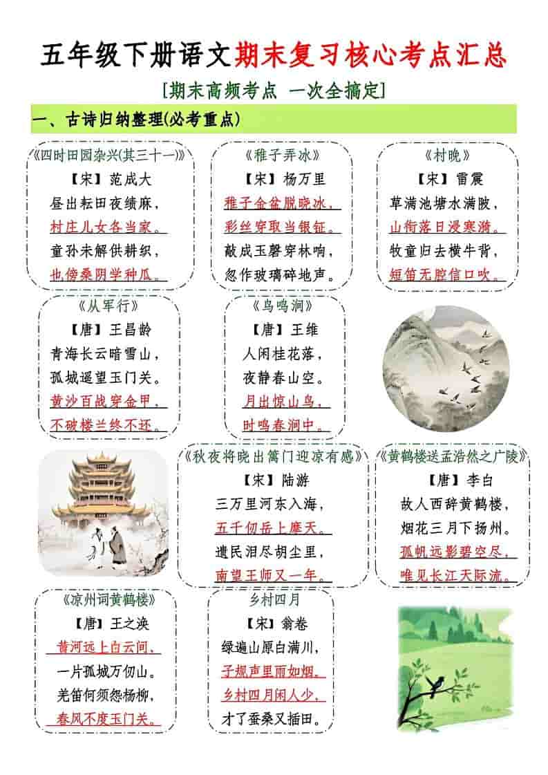 五年级下语文期末复习核心考点汇总-独家科技资源网